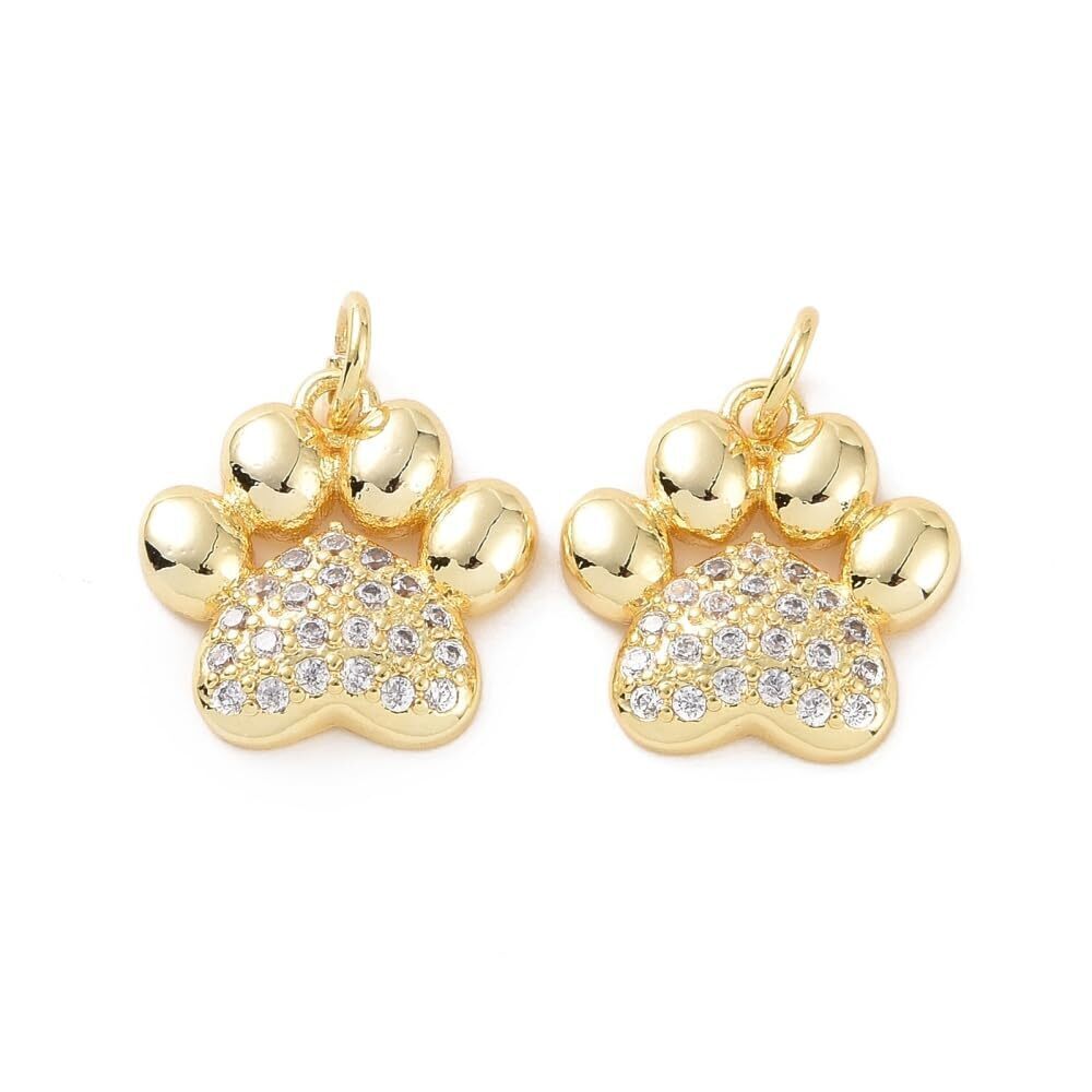 4556 10Pcs Brass Cubic Zirconia Dog Paw Print Charms Golden Color Dog Paw